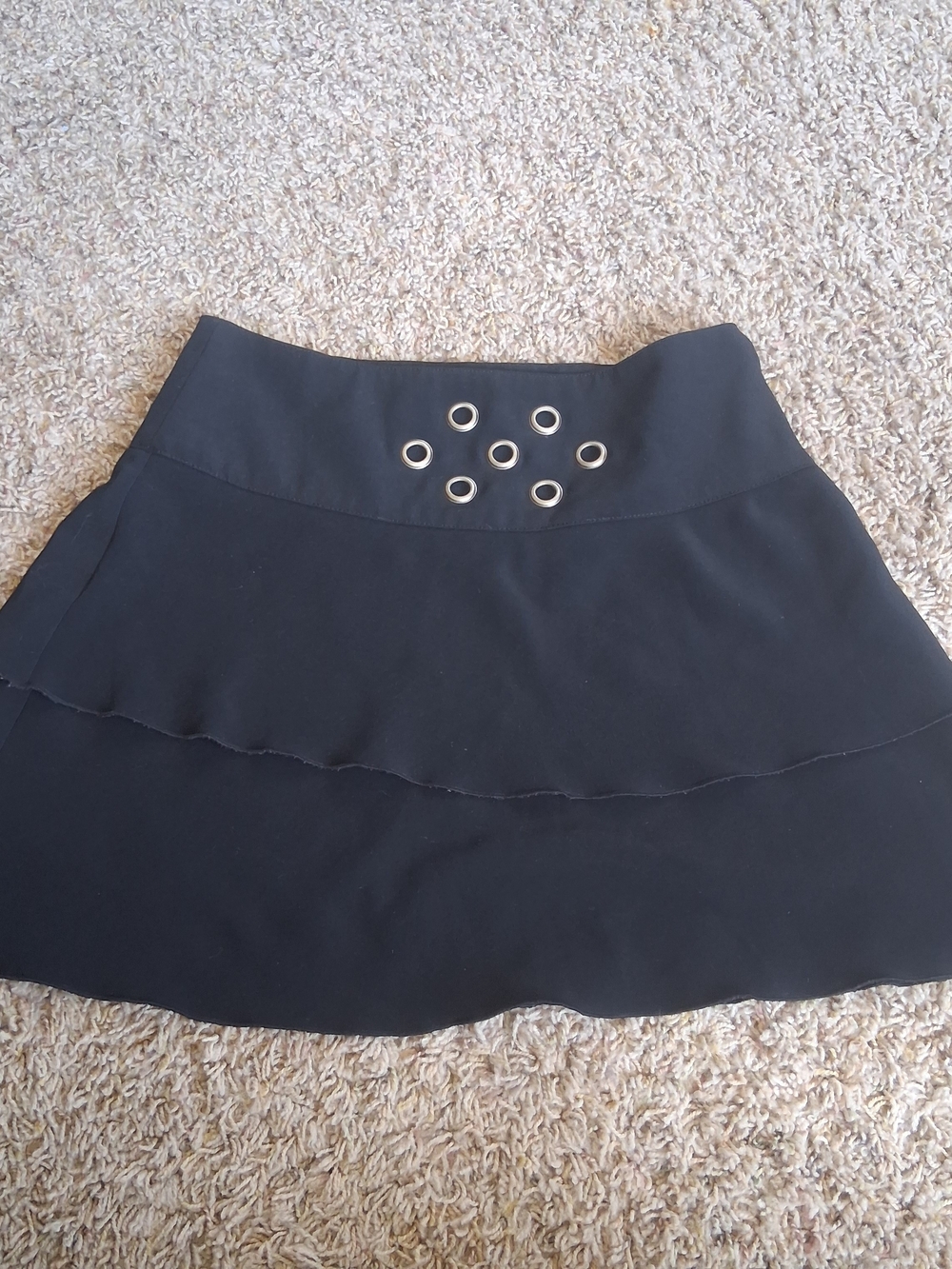 Vintage Y2k Black Tiered Mini Skirt Grommets Low Rise Grunge Steampunk Goth